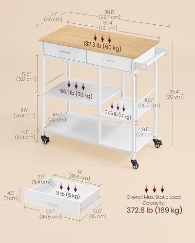 VASAGLE Kitchen Rolling Island  Mobile Kitchen Cart with Storage on Wheels  17 7 x 38 8 x 35 4 Inches  Towel Rack  2 Drawers  2 Hooks  for Dining Room  Oak Beige and Matte White UKKI010Y01