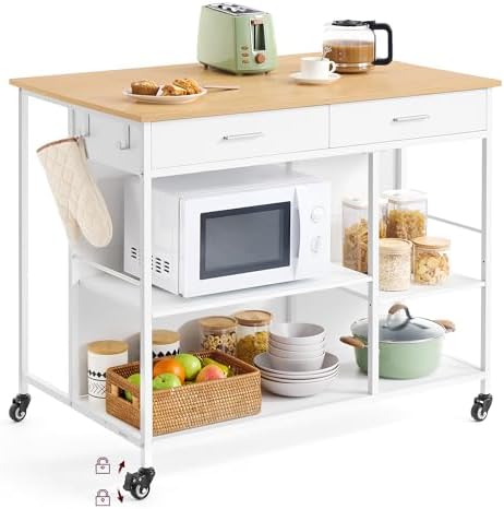 VASAGLE Kitchen Rolling Island  Mobile Kitchen Cart with Storage on Wheels  17 7 x 38 8 x 35 4 Inches  Towel Rack  2 Drawers  2 Hooks  for Dining Room  Oak Beige and Matte White UKKI010Y01