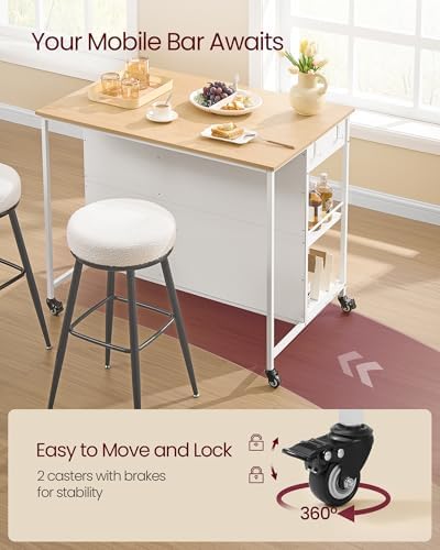 VASAGLE Kitchen Rolling Island  Mobile Kitchen Cart with Storage on Wheels  17 7 x 38 8 x 35 4 Inches  Towel Rack  2 Drawers  2 Hooks  for Dining Room  Oak Beige and Matte White UKKI010Y01