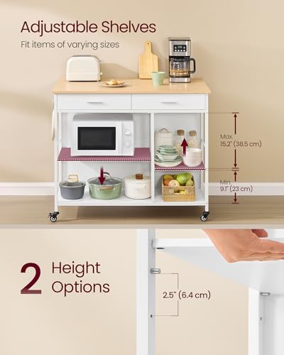 VASAGLE Kitchen Rolling Island  Mobile Kitchen Cart with Storage on Wheels  17 7 x 38 8 x 35 4 Inches  Towel Rack  2 Drawers  2 Hooks  for Dining Room  Oak Beige and Matte White UKKI010Y01