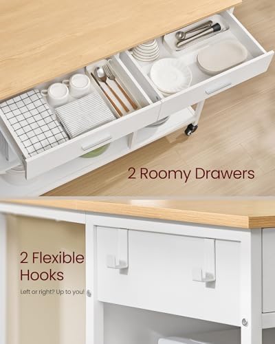VASAGLE Kitchen Rolling Island  Mobile Kitchen Cart with Storage on Wheels  17 7 x 38 8 x 35 4 Inches  Towel Rack  2 Drawers  2 Hooks  for Dining Room  Oak Beige and Matte White UKKI010Y01