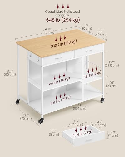 VASAGLE Kitchen Rolling Island  Mobile Kitchen Cart with Storage on Wheels  17 7 x 38 8 x 35 4 Inches  Towel Rack  2 Drawers  2 Hooks  for Dining Room  Oak Beige and Matte White UKKI010Y01