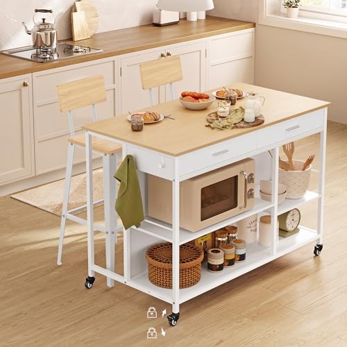 VASAGLE Kitchen Rolling Island  Mobile Kitchen Cart with Storage on Wheels  17 7 x 38 8 x 35 4 Inches  Towel Rack  2 Drawers  2 Hooks  for Dining Room  Oak Beige and Matte White UKKI010Y01