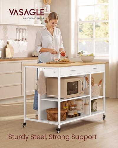 VASAGLE Kitchen Rolling Island  Mobile Kitchen Cart with Storage on Wheels  17 7 x 38 8 x 35 4 Inches  Towel Rack  2 Drawers  2 Hooks  for Dining Room  Oak Beige and Matte White UKKI010Y01