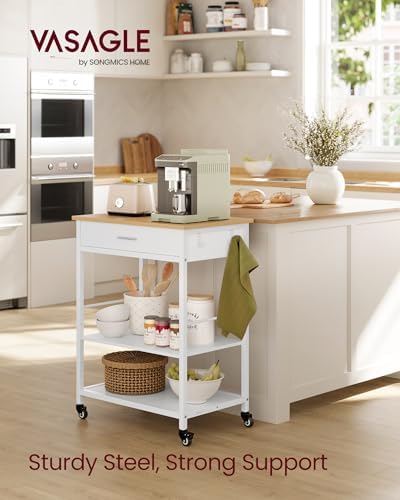 VASAGLE Kitchen Rolling Island  Mobile Kitchen Cart with Storage on Wheels  17 7 x 38 8 x 35 4 Inches  Towel Rack  2 Drawers  2 Hooks  for Dining Room  Oak Beige and Matte White UKKI010Y01