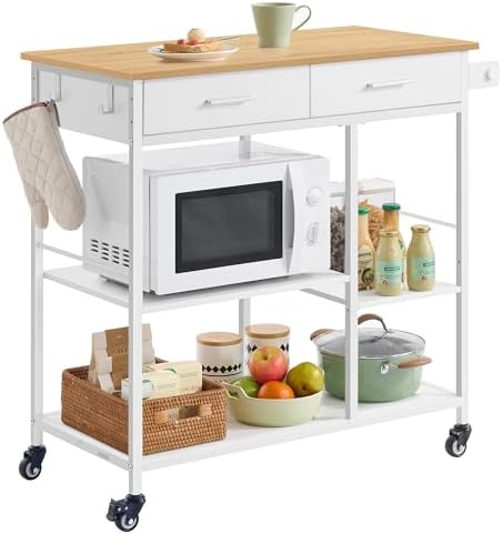 VASAGLE Kitchen Rolling Island  Mobile Kitchen Cart with Storage on Wheels  17 7 x 38 8 x 35 4 Inches  Towel Rack  2 Drawers  2 Hooks  for Dining Room  Oak Beige and Matte White UKKI010Y01