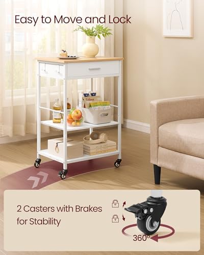 VASAGLE Kitchen Rolling Island  Mobile Kitchen Cart with Storage on Wheels  17 7 x 38 8 x 35 4 Inches  Towel Rack  2 Drawers  2 Hooks  for Dining Room  Oak Beige and Matte White UKKI010Y01