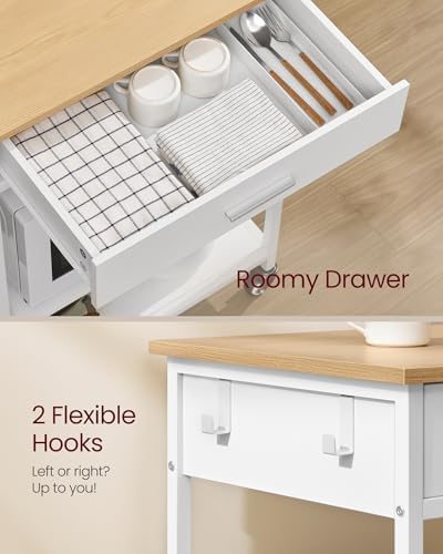 VASAGLE Kitchen Rolling Island  Mobile Kitchen Cart with Storage on Wheels  17 7 x 38 8 x 35 4 Inches  Towel Rack  2 Drawers  2 Hooks  for Dining Room  Oak Beige and Matte White UKKI010Y01