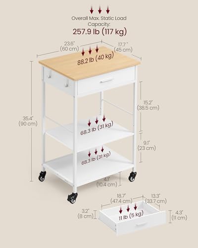 VASAGLE Kitchen Rolling Island  Mobile Kitchen Cart with Storage on Wheels  17 7 x 38 8 x 35 4 Inches  Towel Rack  2 Drawers  2 Hooks  for Dining Room  Oak Beige and Matte White UKKI010Y01