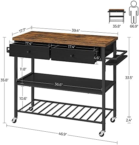 VASAGLE Kitchen Rolling Island  Mobile Kitchen Cart with Storage on Wheels  17 7 x 38 8 x 35 4 Inches  Towel Rack  2 Drawers  2 Hooks  for Dining Room  Oak Beige and Matte White UKKI010Y01