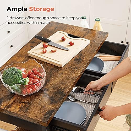 VASAGLE Kitchen Rolling Island  Mobile Kitchen Cart with Storage on Wheels  17 7 x 38 8 x 35 4 Inches  Towel Rack  2 Drawers  2 Hooks  for Dining Room  Oak Beige and Matte White UKKI010Y01