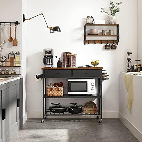 VASAGLE Kitchen Rolling Island  Mobile Kitchen Cart with Storage on Wheels  17 7 x 38 8 x 35 4 Inches  Towel Rack  2 Drawers  2 Hooks  for Dining Room  Oak Beige and Matte White UKKI010Y01