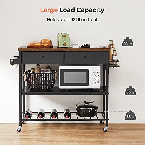 VASAGLE Kitchen Rolling Island  Mobile Kitchen Cart with Storage on Wheels  17 7 x 38 8 x 35 4 Inches  Towel Rack  2 Drawers  2 Hooks  for Dining Room  Oak Beige and Matte White UKKI010Y01