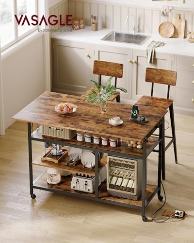 VASAGLE Kitchen Rolling Island  Mobile Kitchen Cart with Storage on Wheels  17 7 x 38 8 x 35 4 Inches  Towel Rack  2 Drawers  2 Hooks  for Dining Room  Oak Beige and Matte White UKKI010Y01