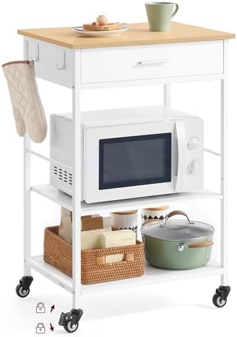 VASAGLE Kitchen Rolling Island  Mobile Kitchen Cart with Storage on Wheels  17 7 x 38 8 x 35 4 Inches  Towel Rack  2 Drawers  2 Hooks  for Dining Room  Oak Beige and Matte White UKKI010Y01