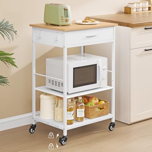 VASAGLE Kitchen Rolling Island  Mobile Kitchen Cart with Storage on Wheels  17 7 x 38 8 x 35 4 Inches  Towel Rack  2 Drawers  2 Hooks  for Dining Room  Oak Beige and Matte White UKKI010Y01