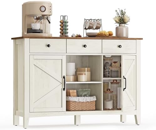 VASAGLE LIRY Collection   Buffet Cabinet  Coffee Bar Cabinet with 3 Drawers  Adjustable Shelves  Sideboard Storage with Cable Holes  Drawer Dividers  Rustic White and Honey Brown UBBK371W01V1