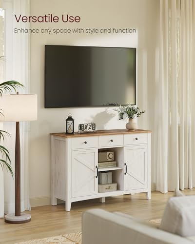 VASAGLE LIRY Collection   Buffet Cabinet  Coffee Bar Cabinet with 3 Drawers  Adjustable Shelves  Sideboard Storage with Cable Holes  Drawer Dividers  Rustic White and Honey Brown UBBK371W01V1