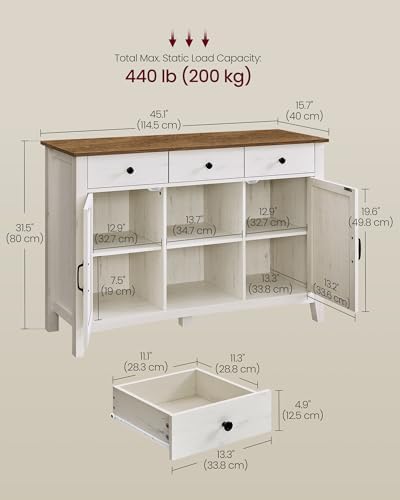 VASAGLE LIRY Collection   Buffet Cabinet  Coffee Bar Cabinet with 3 Drawers  Adjustable Shelves  Sideboard Storage with Cable Holes  Drawer Dividers  Rustic White and Honey Brown UBBK371W01V1