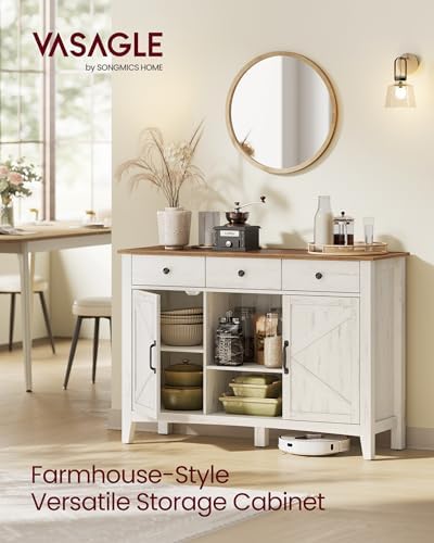 VASAGLE LIRY Collection   Buffet Cabinet  Coffee Bar Cabinet with 3 Drawers  Adjustable Shelves  Sideboard Storage with Cable Holes  Drawer Dividers  Rustic White and Honey Brown UBBK371W01V1