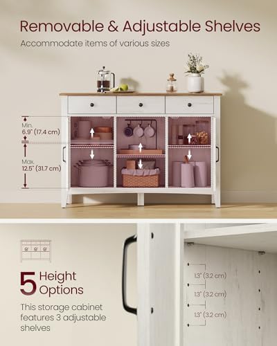 VASAGLE LIRY Collection   Buffet Cabinet  Coffee Bar Cabinet with 3 Drawers  Adjustable Shelves  Sideboard Storage with Cable Holes  Drawer Dividers  Rustic White and Honey Brown UBBK371W01V1