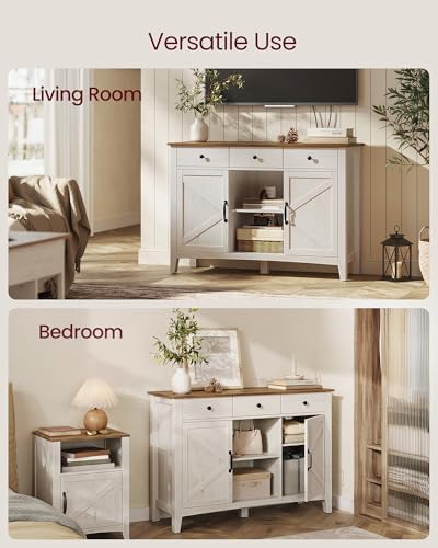 VASAGLE LIRY Collection   Buffet Cabinet  Coffee Bar Cabinet with 3 Drawers  Adjustable Shelves  Sideboard Storage with Cable Holes  Drawer Dividers  Rustic White and Honey Brown UBBK371W01V1