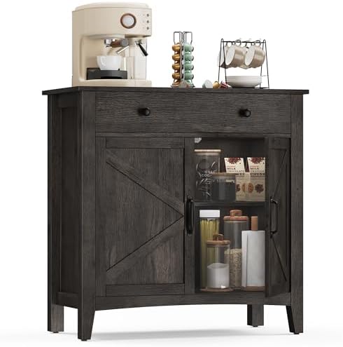VASAGLE LIRY Collection   Buffet Cabinet  Coffee Bar Cabinet with 3 Drawers  Adjustable Shelves  Sideboard Storage with Cable Holes  Drawer Dividers  Rustic White and Honey Brown UBBK371W01V1