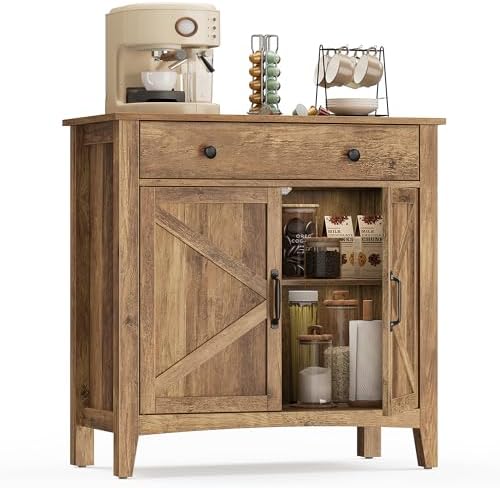 VASAGLE LIRY Collection   Buffet Cabinet  Coffee Bar Cabinet with 3 Drawers  Adjustable Shelves  Sideboard Storage with Cable Holes  Drawer Dividers  Rustic White and Honey Brown UBBK371W01V1