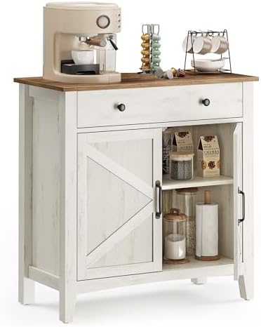 VASAGLE LIRY Collection   Buffet Cabinet  Coffee Bar Cabinet with 3 Drawers  Adjustable Shelves  Sideboard Storage with Cable Holes  Drawer Dividers  Rustic White and Honey Brown UBBK371W01V1