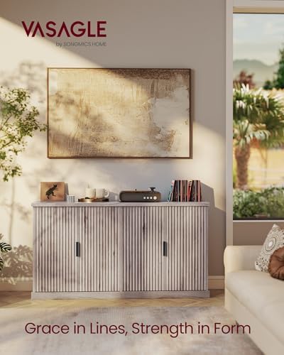 VASAGLE MAXE Collection   Buffet Cabinet  Fluted Console Cabinet  Sideboard with Adjustable Shelves  Mid Century Modern Buffet Table  15 8 x 58 3 x 31 5 Inches  Washed Gray UBBK382G01S