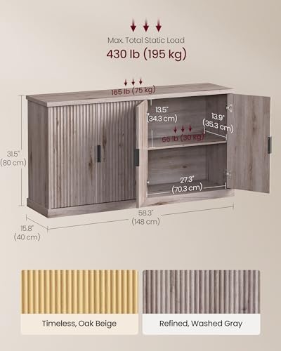 VASAGLE MAXE Collection   Buffet Cabinet  Fluted Console Cabinet  Sideboard with Adjustable Shelves  Mid Century Modern Buffet Table  15 8 x 58 3 x 31 5 Inches  Washed Gray UBBK382G01S