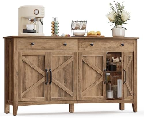 VASAGLE MAXE Collection   Buffet Cabinet  Fluted Console Cabinet  Sideboard with Adjustable Shelves  Mid Century Modern Buffet Table  15 8 x 58 3 x 31 5 Inches  Washed Gray UBBK382G01S