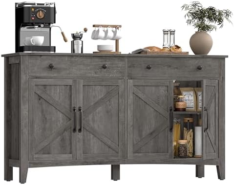 VASAGLE MAXE Collection   Buffet Cabinet  Fluted Console Cabinet  Sideboard with Adjustable Shelves  Mid Century Modern Buffet Table  15 8 x 58 3 x 31 5 Inches  Washed Gray UBBK382G01S