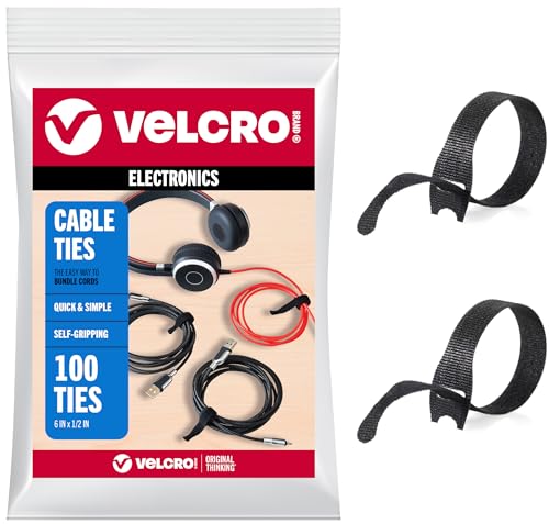 VELCRO Brand Reusable Cable Ties  Practical Tech Gifts for Men  100 Pack 6 Inch Cable Management Ties for Electronics and Desk Organization  Black