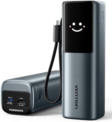 VENTION Powerhive - Banco de energía para laptop, 165 W, 20000 mAh, cables USB-C integrados y adicionales de 240 W, cargador portátil para laptop, pantalla digital, para iPhone 17/16/15/14/13 Pro Max