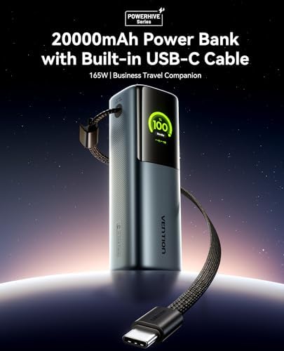 VENTION Powerhive - Banco de energía para laptop, 165 W, 20000 mAh, cables USB-C integrados y adicionales de 240 W, cargador portátil para laptop, pantalla digital, para iPhone 17/16/15/14/13 Pro Max