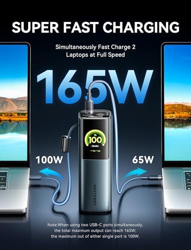 VENTION Powerhive - Banco de energía para laptop, 165 W, 20000 mAh, cables USB-C integrados y adicionales de 240 W, cargador portátil para laptop, pantalla digital, para iPhone 17/16/15/14/13 Pro Max