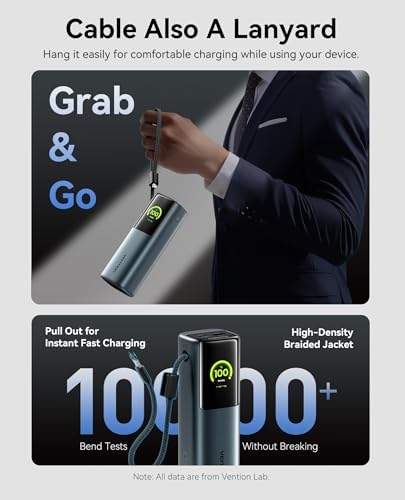 VENTION Powerhive - Banco de energía para laptop, 165 W, 20000 mAh, cables USB-C integrados y adicionales de 240 W, cargador portátil para laptop, pantalla digital, para iPhone 17/16/15/14/13 Pro Max