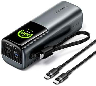 VENTION Powerhive - Banco de energía para laptop, 165 W, 20000 mAh, cables USB-C integrados y adicionales de 240 W, cargador portátil para laptop, pantalla digital, para iPhone 17/16/15/14/13 Pro Max