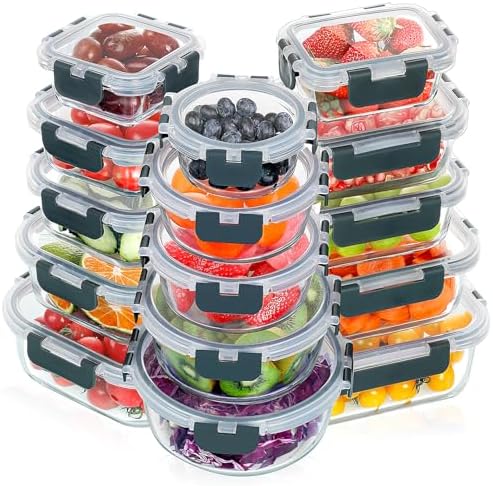 VERONES 30 Pieces Glass Meal Prep Containers Set  Stackable Glass Food Storage Containers with Lids Airtight Lunch Containers for Microwave  Oven  Freezer & Dishwasher Grey