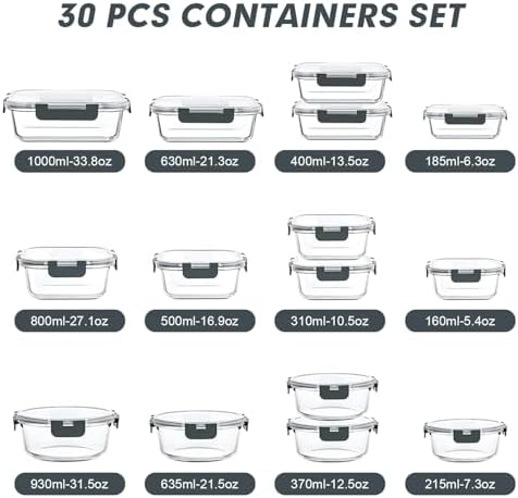 VERONES 30 Pieces Glass Meal Prep Containers Set  Stackable Glass Food Storage Containers with Lids Airtight Lunch Containers for Microwave  Oven  Freezer & Dishwasher Grey