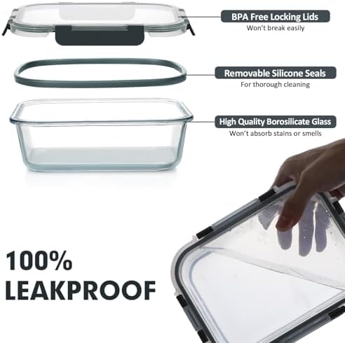 VERONES 30 Pieces Glass Meal Prep Containers Set  Stackable Glass Food Storage Containers with Lids Airtight Lunch Containers for Microwave  Oven  Freezer & Dishwasher Grey
