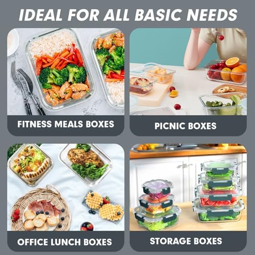 VERONES 30 Pieces Glass Meal Prep Containers Set  Stackable Glass Food Storage Containers with Lids Airtight Lunch Containers for Microwave  Oven  Freezer & Dishwasher Grey