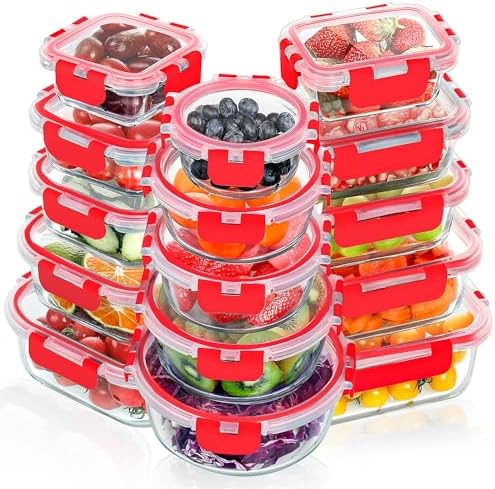 VERONES 30 Pieces Glass Meal Prep Containers Set  Stackable Glass Food Storage Containers with Lids Airtight Lunch Containers for Microwave  Oven  Freezer & Dishwasher Grey