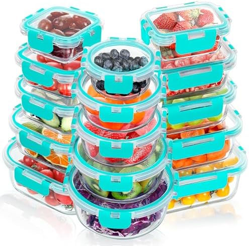 VERONES 30 Pieces Glass Meal Prep Containers Set  Stackable Glass Food Storage Containers with Lids Airtight Lunch Containers for Microwave  Oven  Freezer & Dishwasher Grey