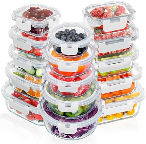 VERONES 30 Pieces Glass Meal Prep Containers Set  Stackable Glass Food Storage Containers with Lids Airtight Lunch Containers for Microwave  Oven  Freezer & Dishwasher Grey