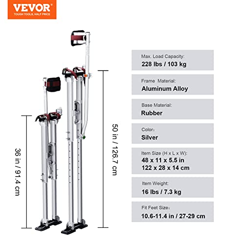 VEVOR 36 50 Adjustable Aluminum Drywall Tool Stilts  Durable Non Slip Work Stilts with Protective Knee Pads  for Sheetrock Painting  Taping  Walking  Silver