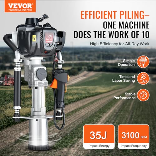 VEVOR 37 77cc Gas Powered T Post Driver  4 Stroke Engine Gasoline Fence Piling Pounder  with 3 Post Driving Head 45/55/88 mm   1000W Portable Piledriver For Farm  Ranch Fencing  Road Improvements