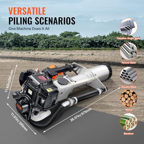 VEVOR 37 77cc Gas Powered T Post Driver  4 Stroke Engine Gasoline Fence Piling Pounder  with 3 Post Driving Head 45/55/88 mm   1000W Portable Piledriver For Farm  Ranch Fencing  Road Improvements