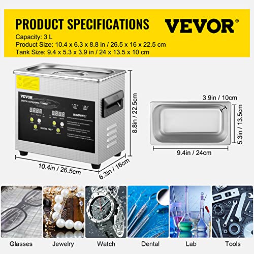 VEVOR 3L Upgraded Ultrasonic Cleaner  200W Heater 120W Ultrasonic  Professional Digital Lab Ultrasonic Parts Cleaner with Heater Timer for Jewelry Glasses Parts Cleaning